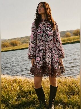 NWT Floral Guipure Lace Mini Dress Brown Pink High Neck Belted Boho M